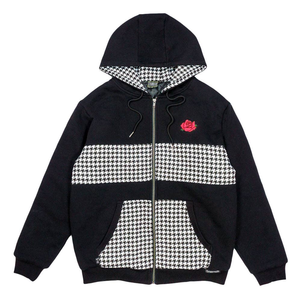 Red Rose Houndstooth Black Zip Up Hoodie: Black / Zip Up Hoodie / L