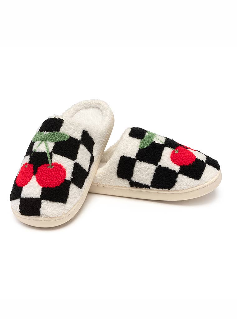 Indoor / Outdoor Slippers-Black & White Checkered w/Cherries: S/M