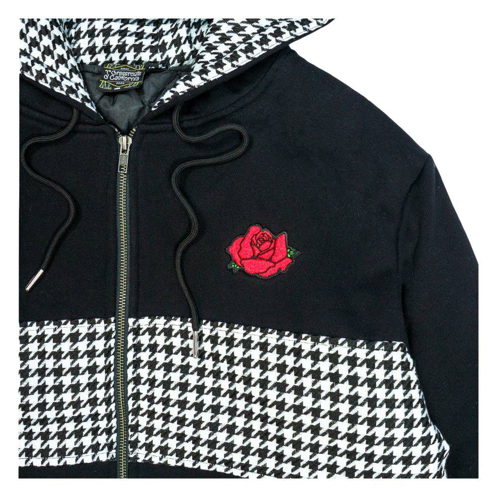 Red Rose Houndstooth Black Zip Up Hoodie: Black / Zip Up Hoodie / L