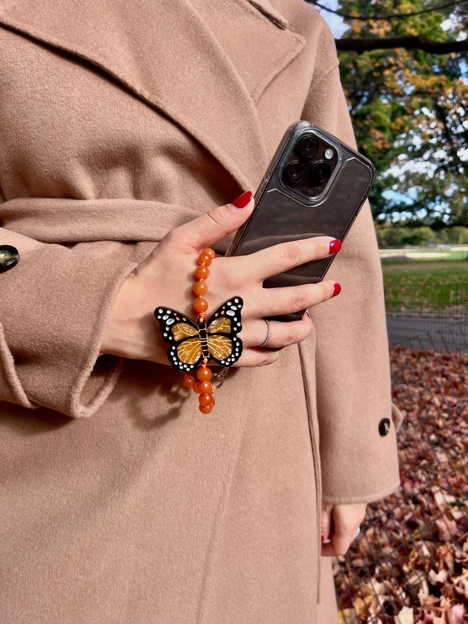 Hand-painted Monarch Butterfly Gemstone Bracelet Phone Chain: Orange