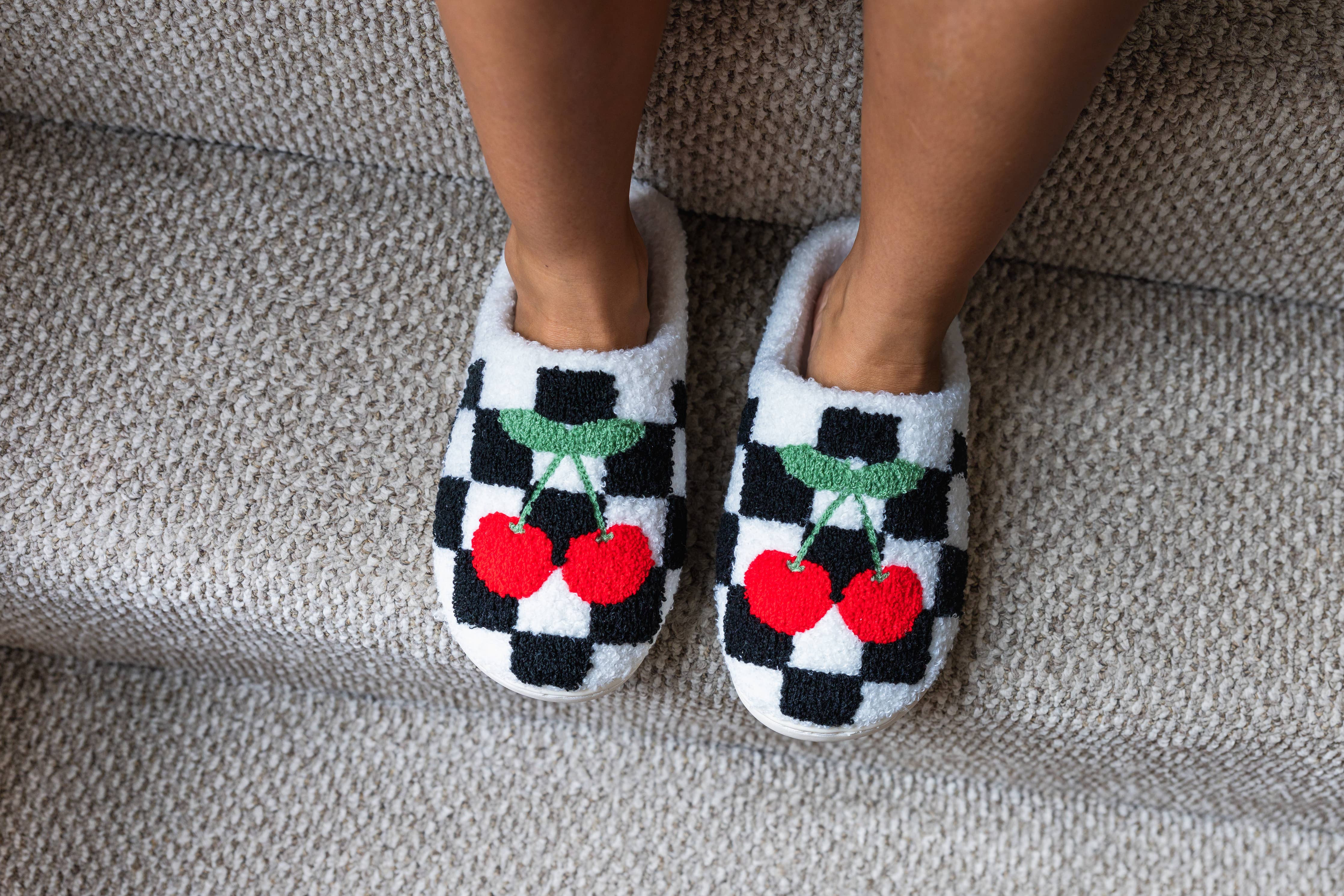 Indoor / Outdoor Slippers-Black & White Checkered w/Cherries: S/M