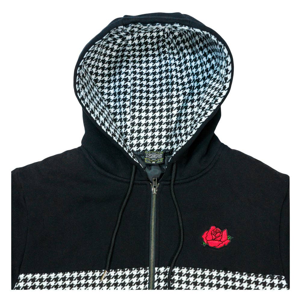 Red Rose Houndstooth Black Zip Up Hoodie: Black / Zip Up Hoodie / L