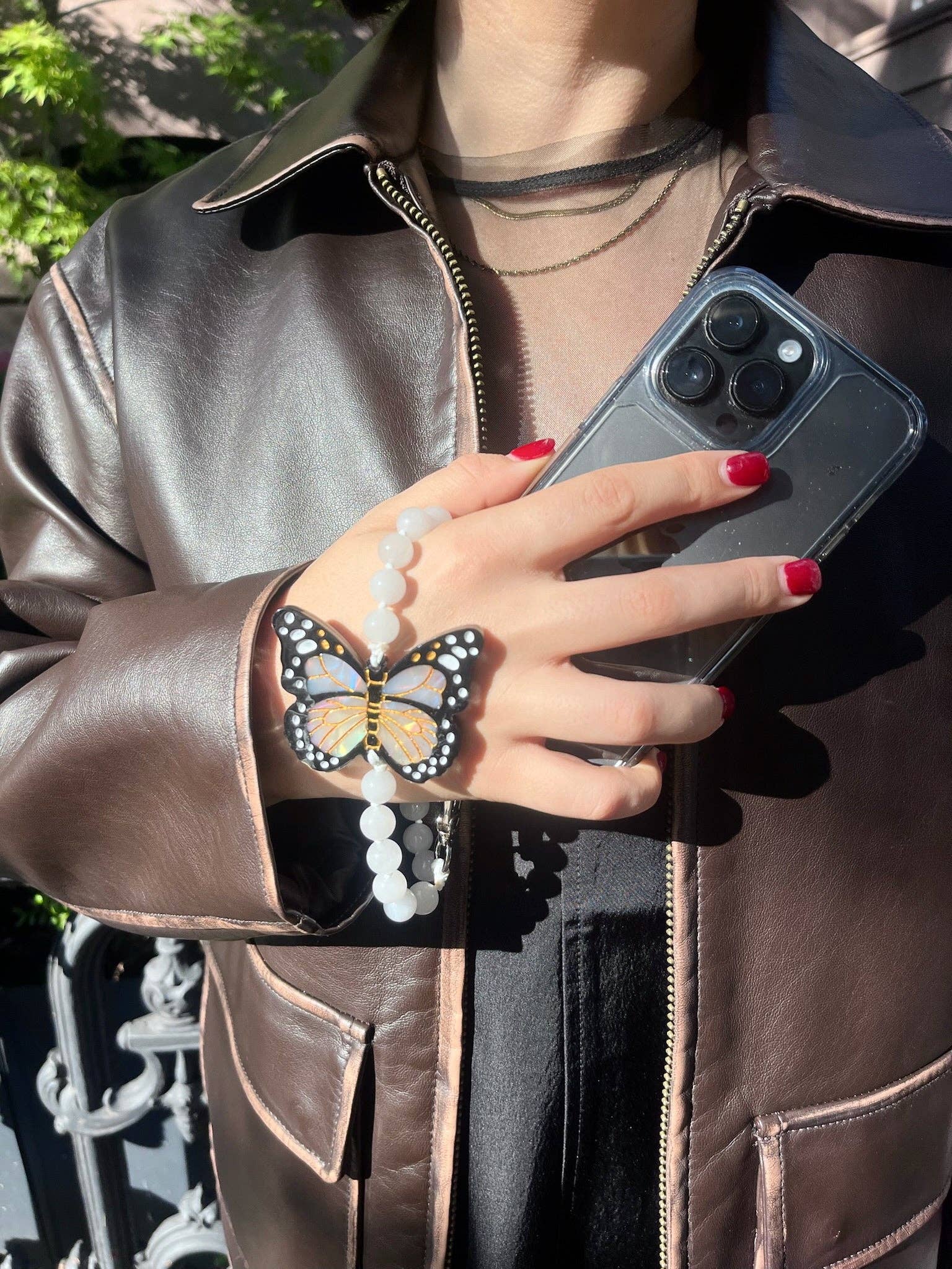 Hand-painted Monarch Butterfly Gemstone Bracelet Phone Chain: Orange