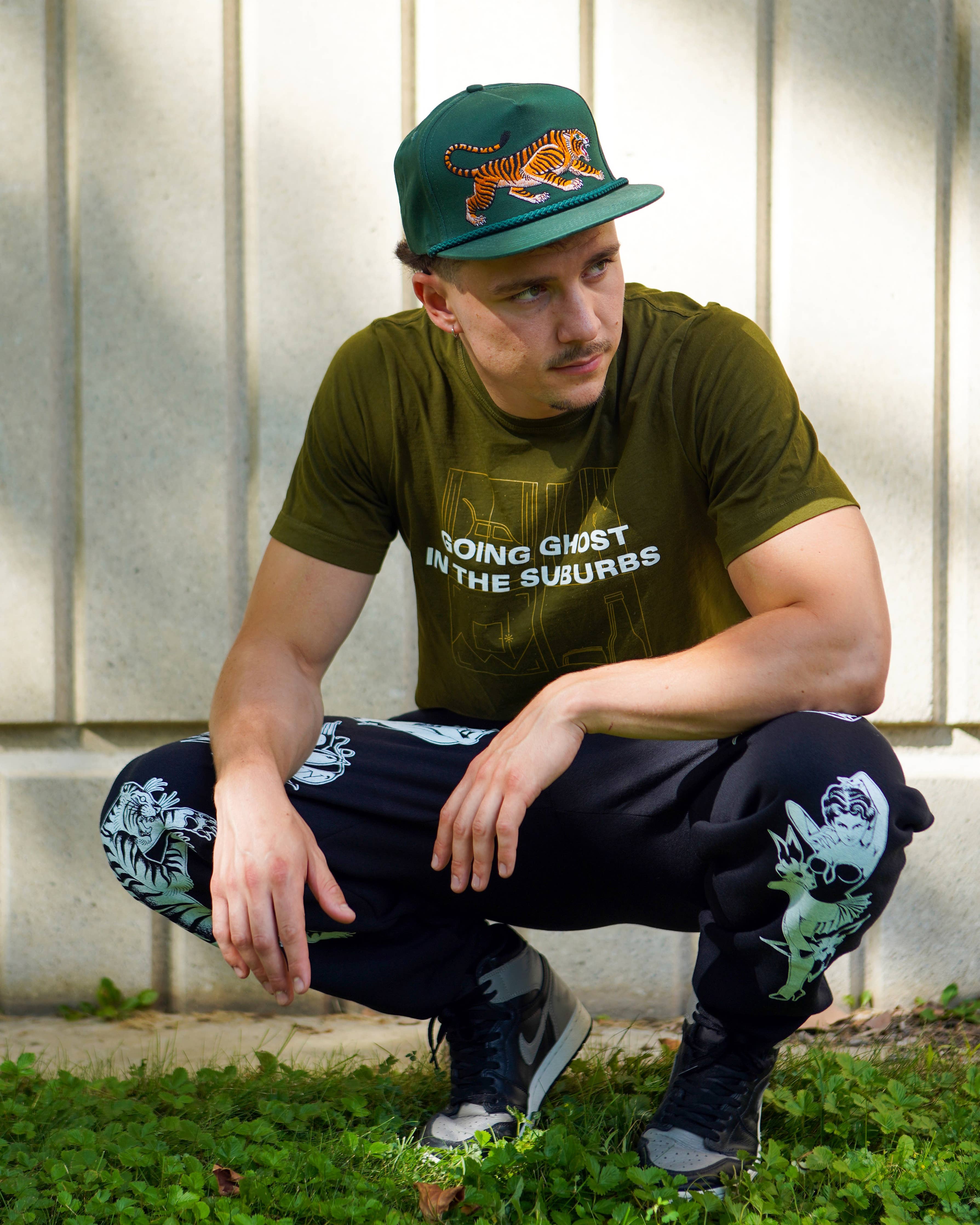 Unisex Tattoo-Style Tiger Cap: Spruce Green