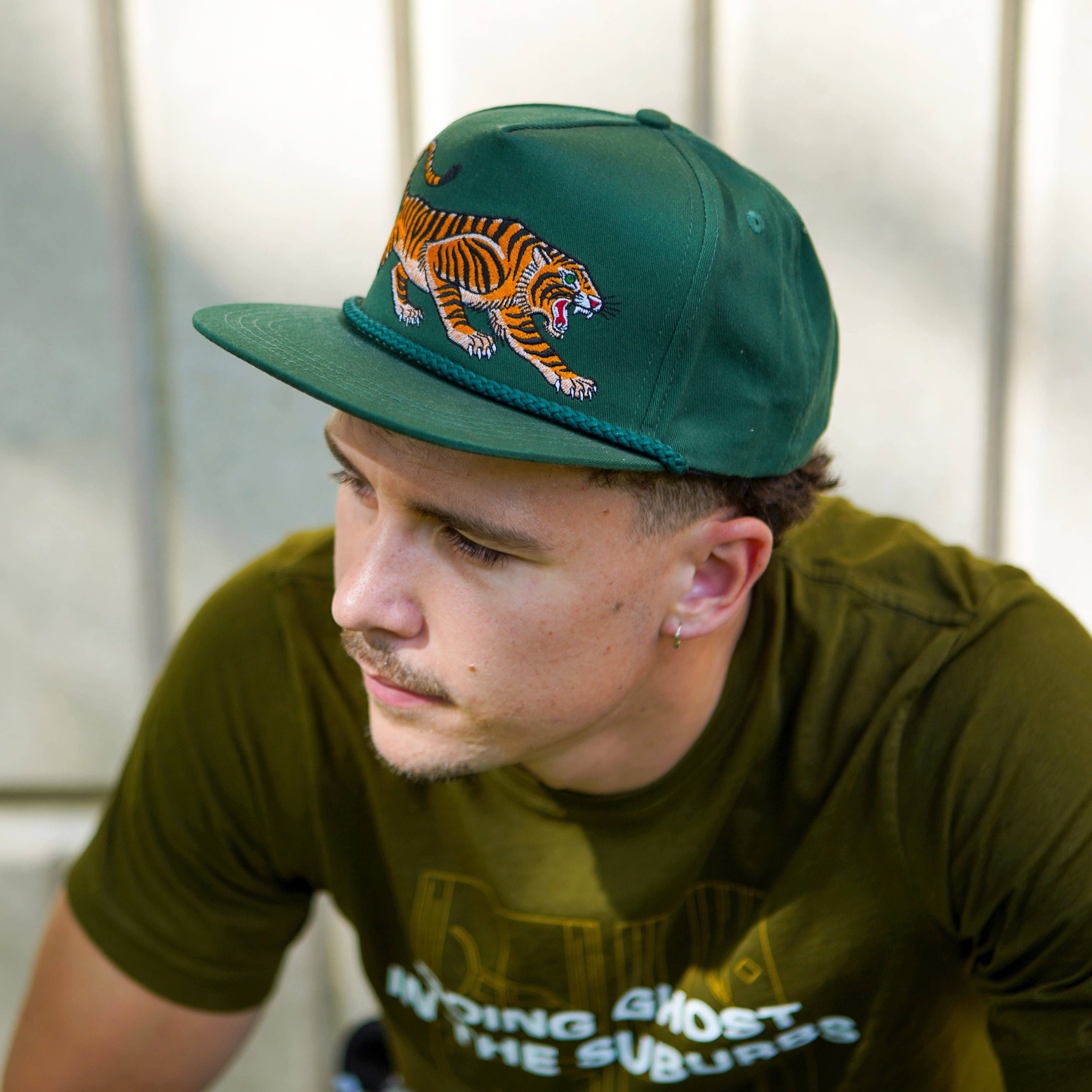 Unisex Tattoo-Style Tiger Cap: Spruce Green