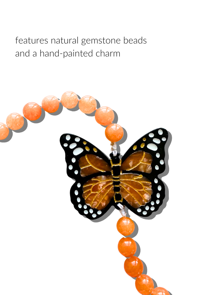 Hand-painted Monarch Butterfly Gemstone Bracelet Phone Chain: Orange