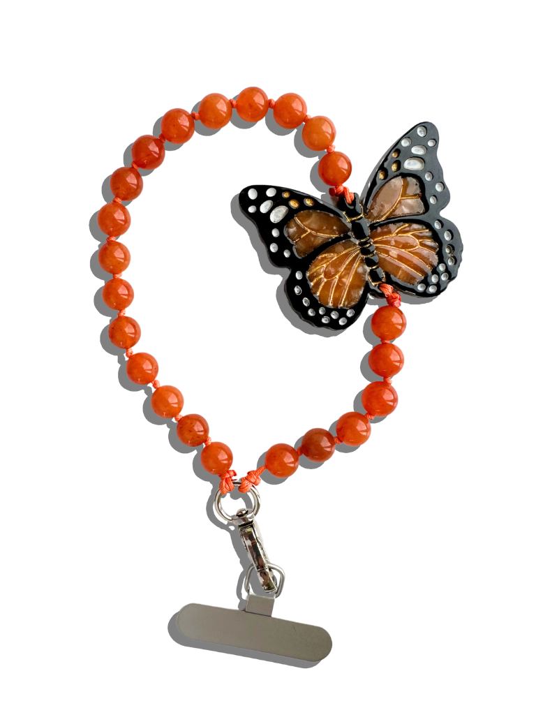 Hand-painted Monarch Butterfly Gemstone Bracelet Phone Chain: Orange