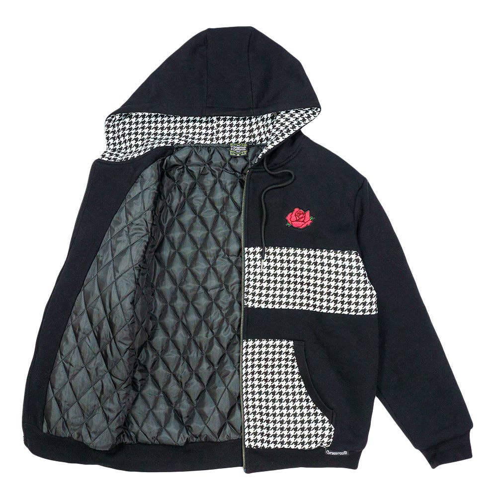 Red Rose Houndstooth Black Zip Up Hoodie: Black / Zip Up Hoodie / L