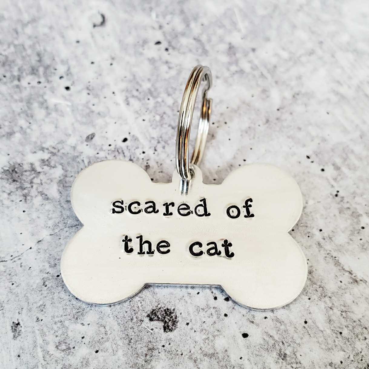 Scared of the cat Bone-Shaped Pet Tag: Yellow Brass / WITH PACKAGING