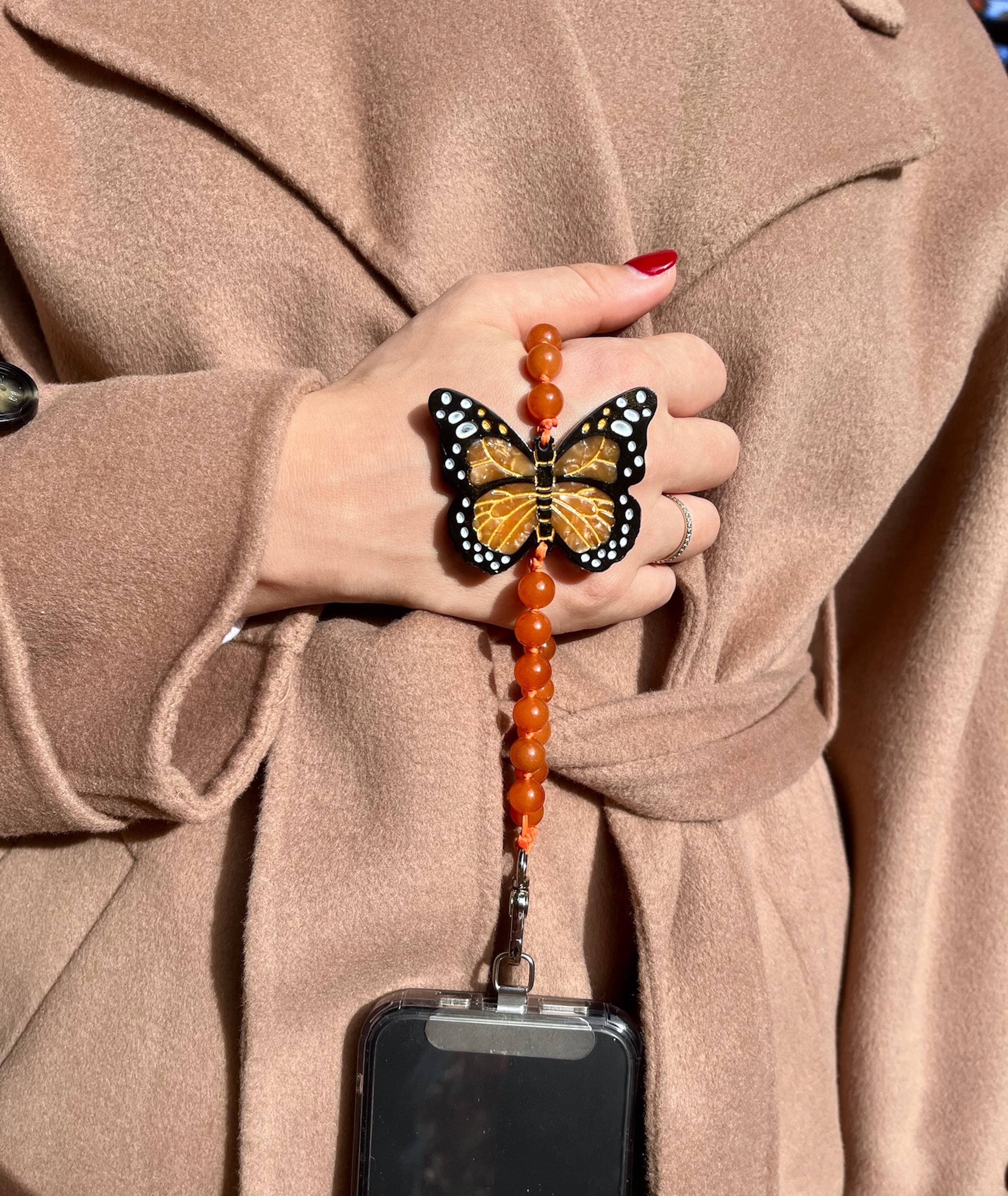 Hand-painted Monarch Butterfly Gemstone Bracelet Phone Chain: Orange