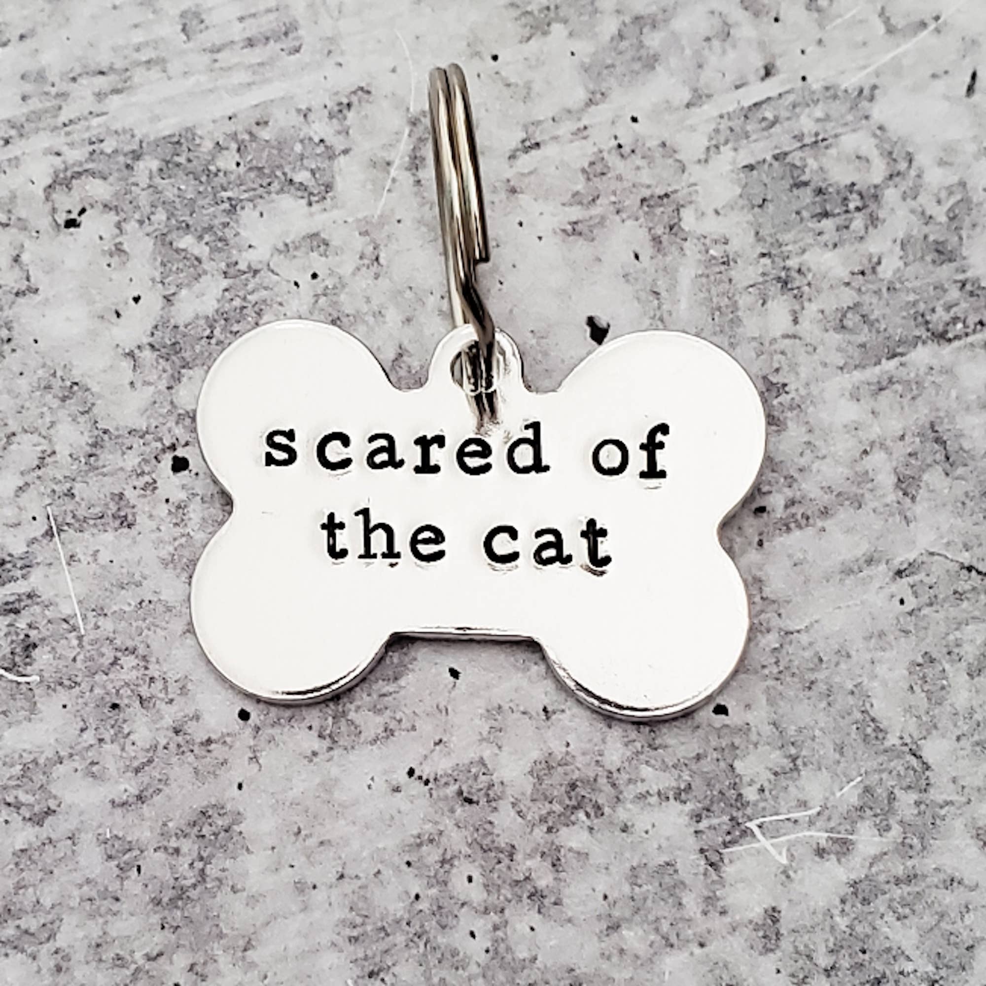 Scared of the cat Bone-Shaped Pet Tag: Yellow Brass / WITH PACKAGING