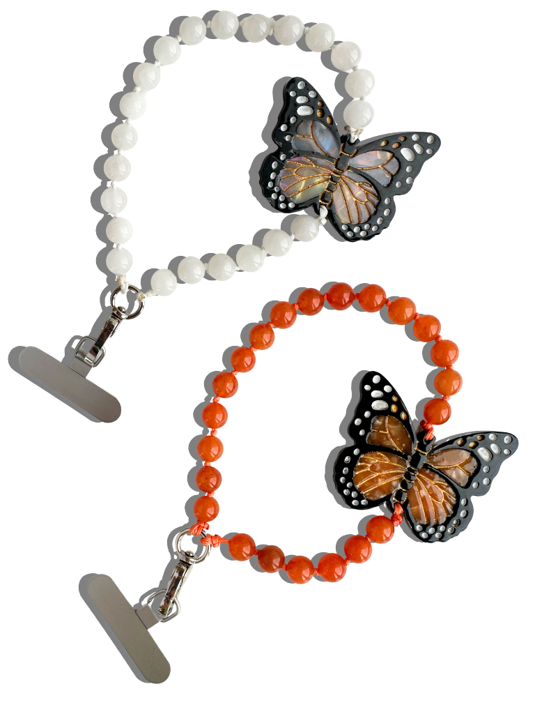 Hand-painted Monarch Butterfly Gemstone Bracelet Phone Chain: Orange