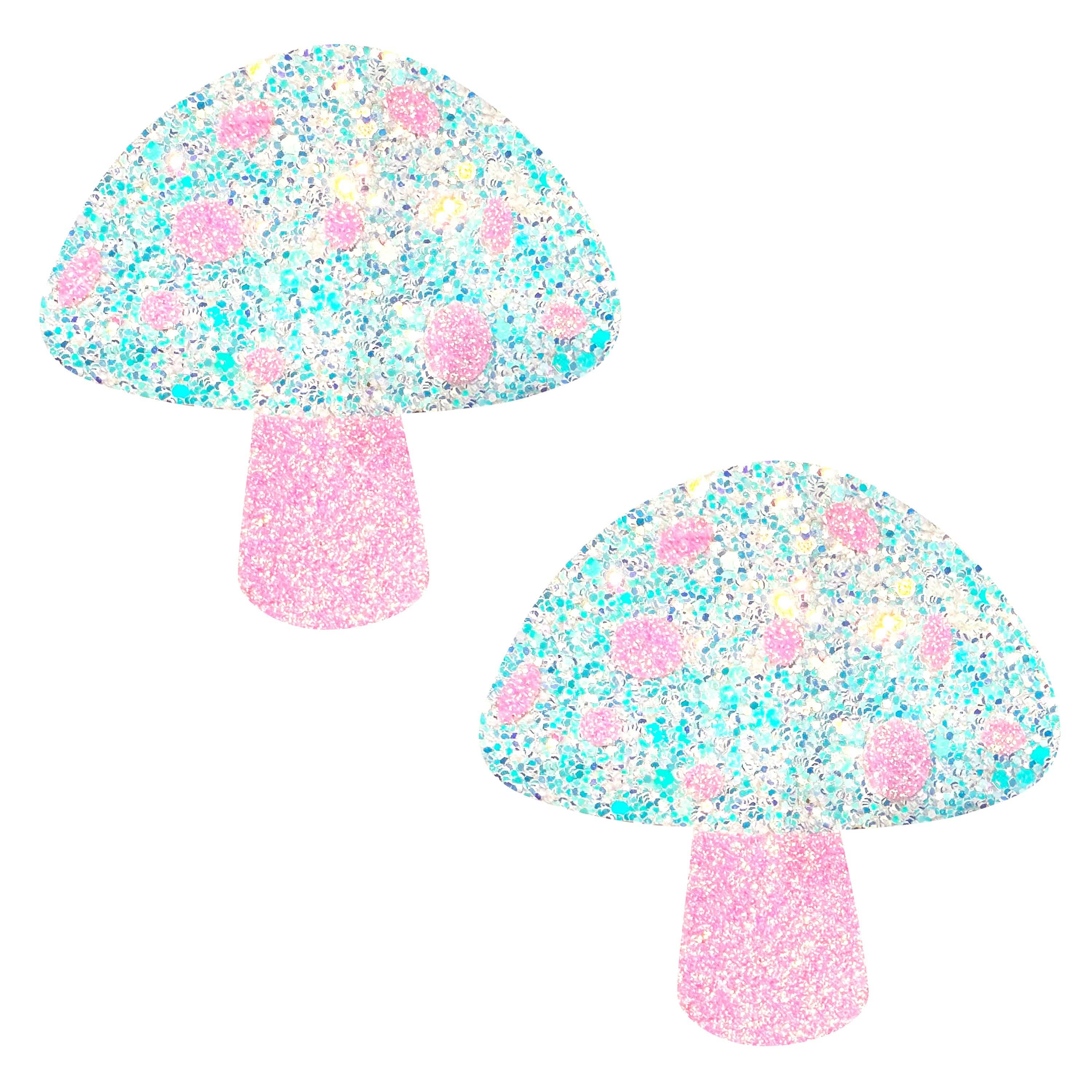 Alice Down The Rabbit Hole Super Blacklight Pink and White Glitter Shroom Nipple Cover Pasties: WHI / O/S