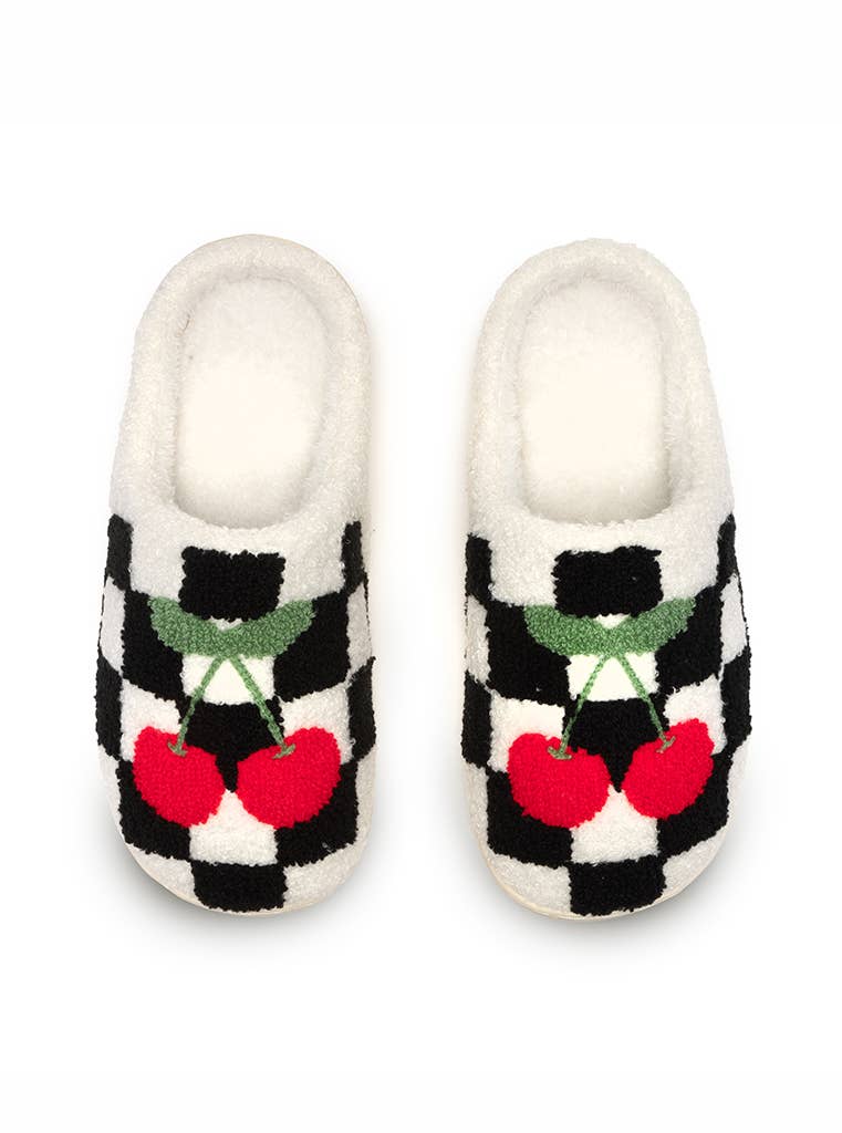 Indoor / Outdoor Slippers-Black & White Checkered w/Cherries: S/M
