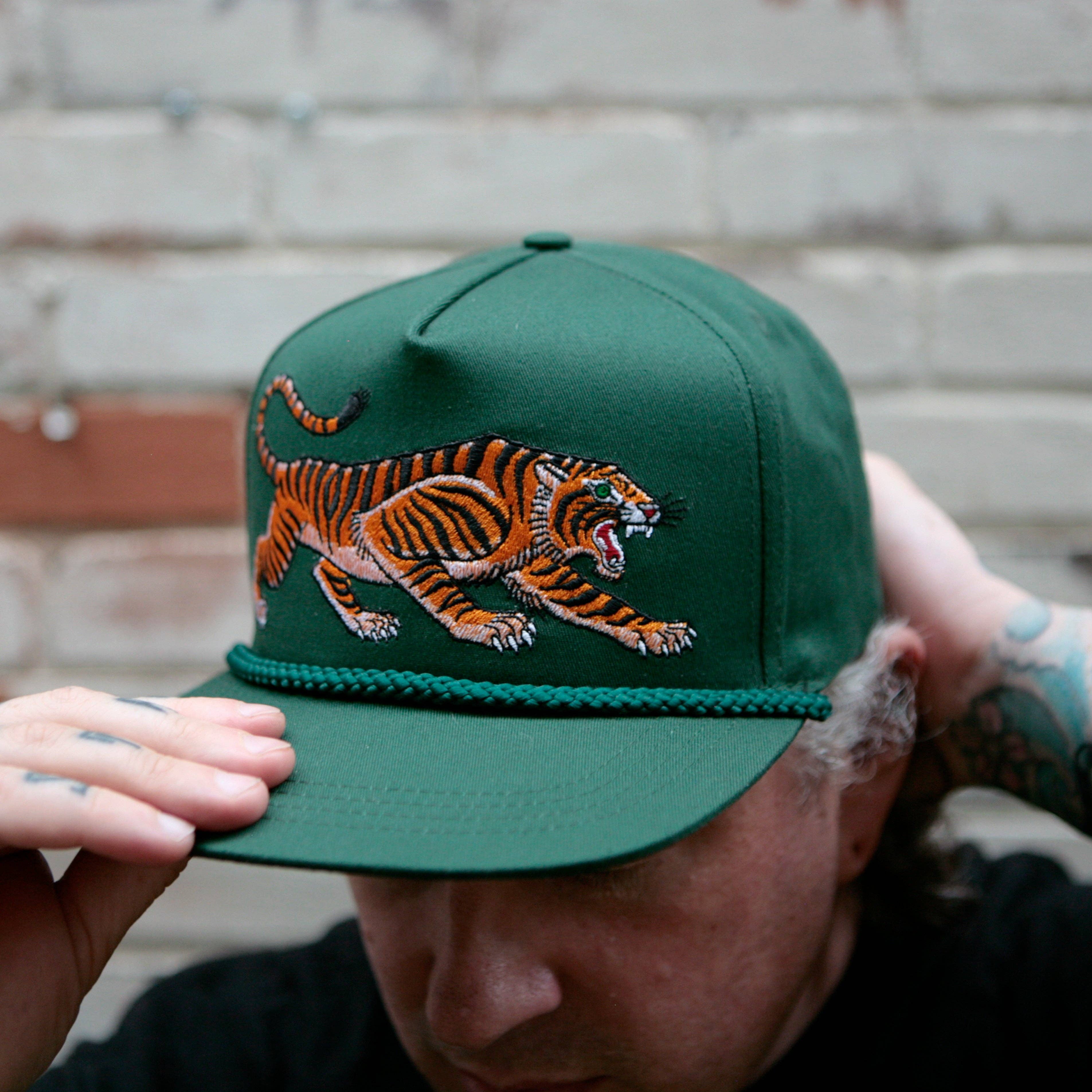 Unisex Tattoo-Style Tiger Cap: Spruce Green