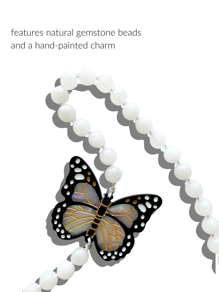 Hand-painted Monarch Butterfly Gemstone Bracelet Phone Chain: Orange