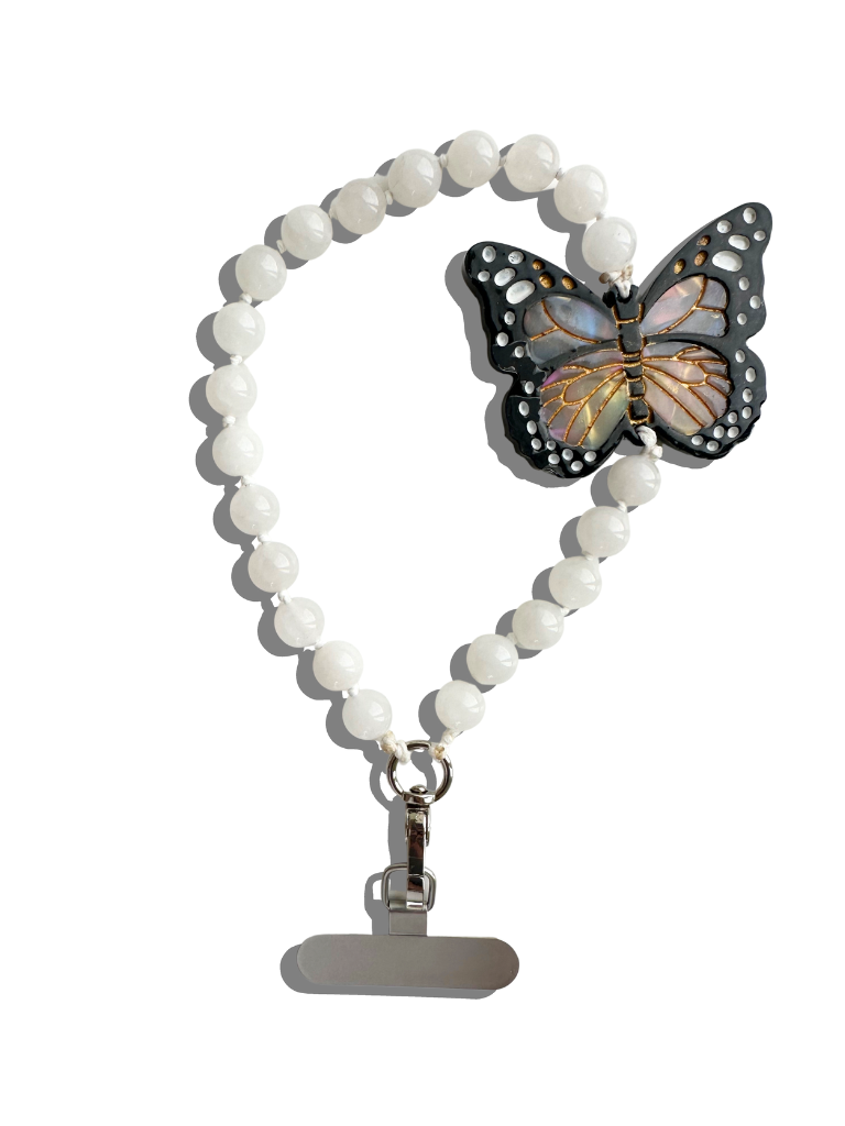Hand-painted Monarch Butterfly Gemstone Bracelet Phone Chain: Orange