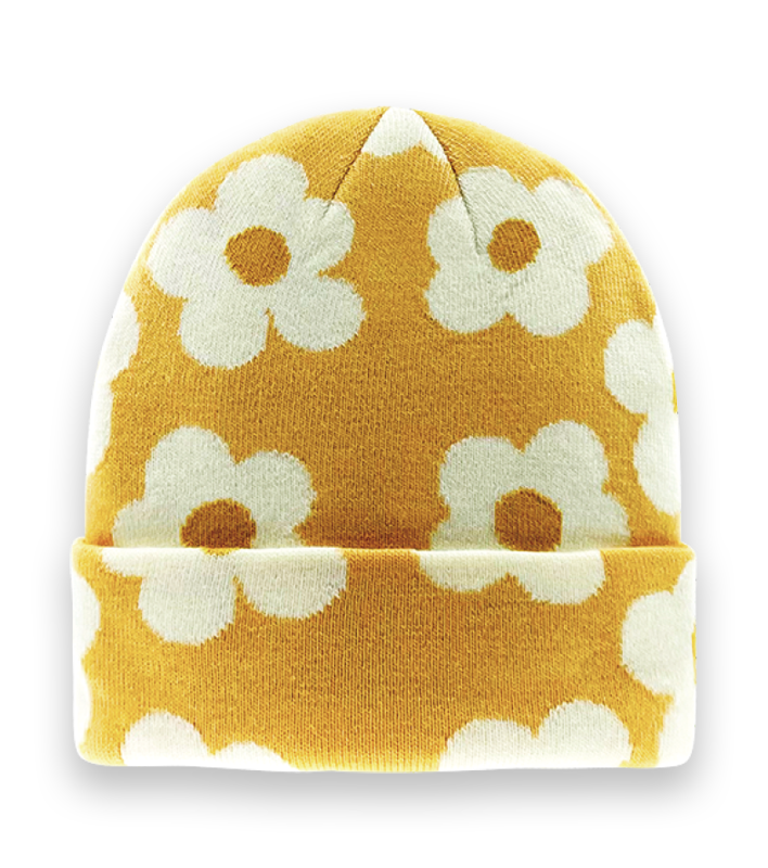 Yellow Floral Knit Beanie Hat – Retro White Daisy Winter Warm Unisex Fashion Accessory-NI60012