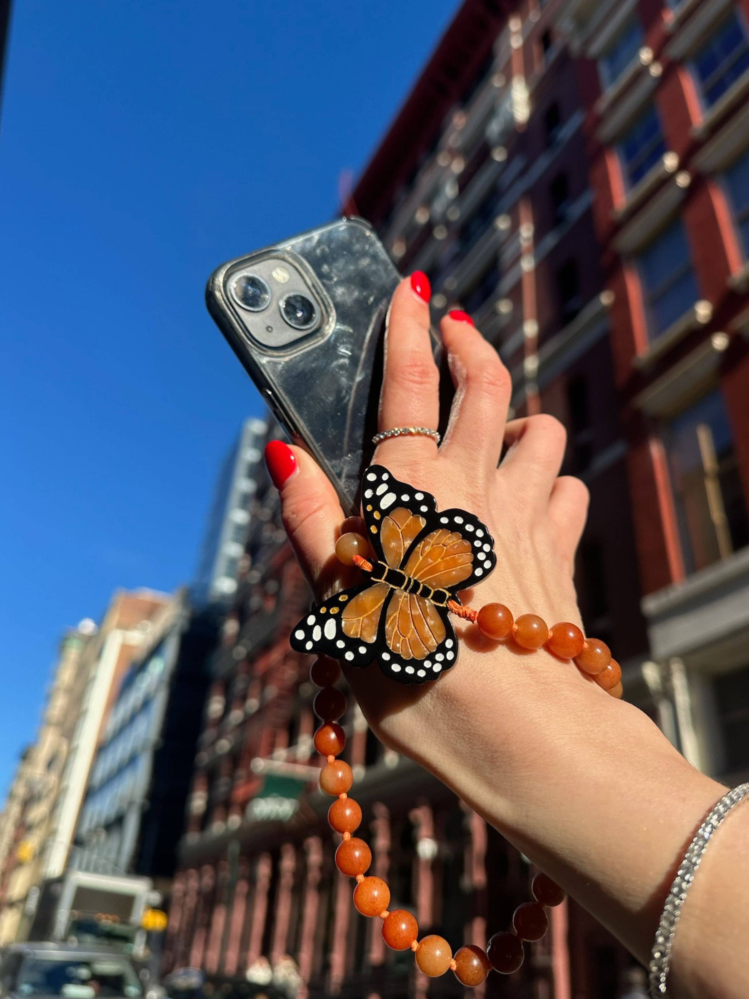 Hand-painted Monarch Butterfly Gemstone Bracelet Phone Chain: Orange