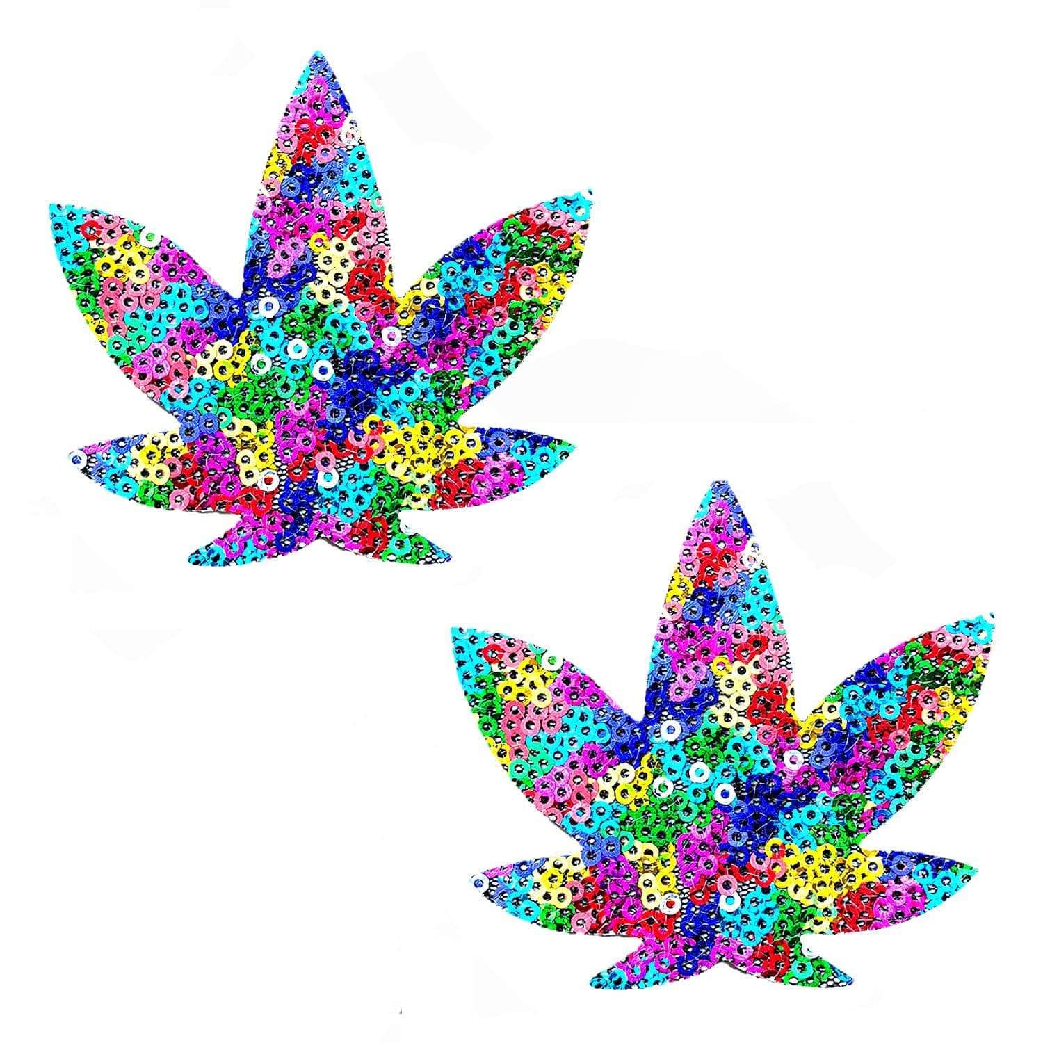 UniPoo Multicolor Sequin Mesh Dope AF Weed Leaf Nipple Cover Pasties: MULTI / O/S
