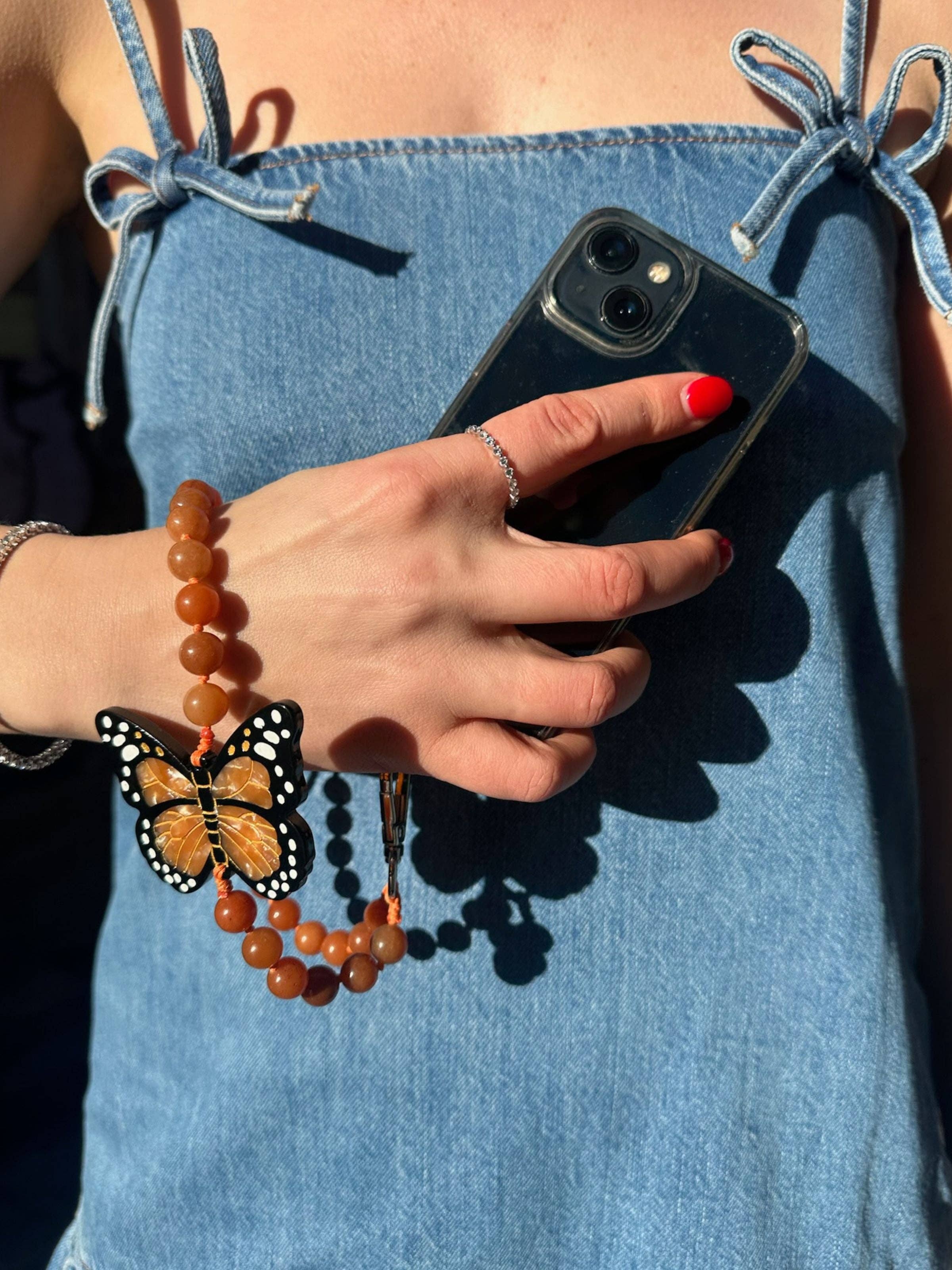 Hand-painted Monarch Butterfly Gemstone Bracelet Phone Chain: Orange